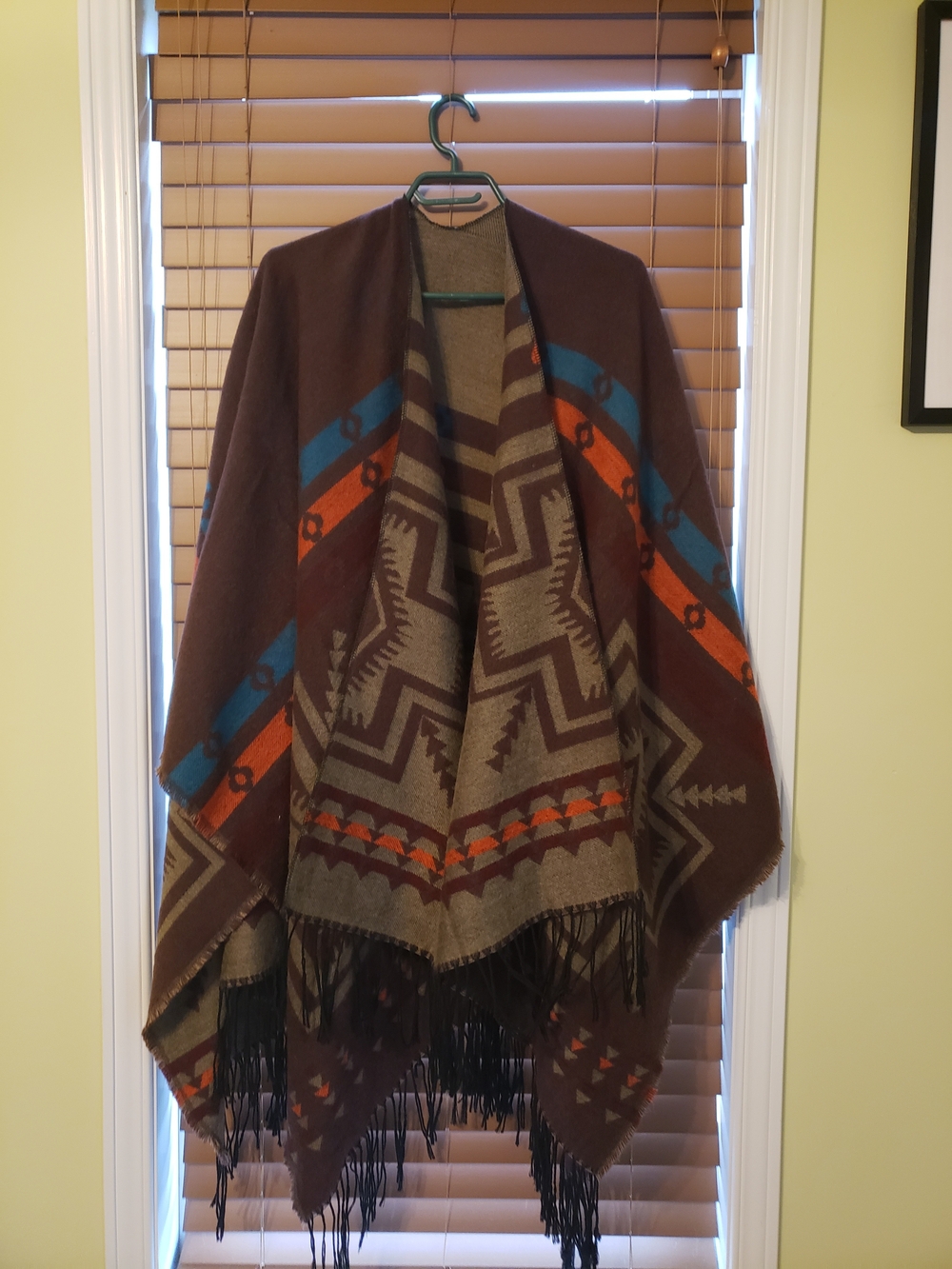 Fringed Patterned Reversible Poncho - Brown, Orange & Teal